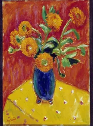 Bouquet de peónias num vaso azul (óleo sobre tela)