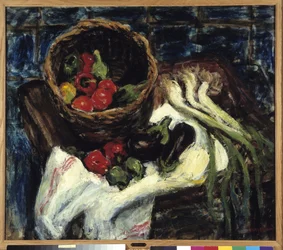 Natureza Morta em Pimentos de Cesta Vegetal, Berinjela e Alho-porro (óleo sobre tela)