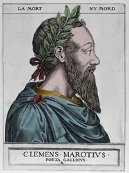 Retrato de Clemente des Marets chamado Marot (1496-1544), poeta francês - Gravura de Clemente Marotius pota gallicus de René Boyvin 1576 -