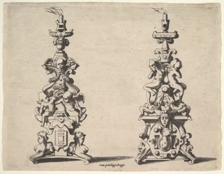 Dois desenhos de castiçal, ca. 1550-60.