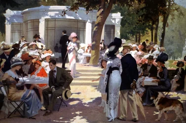 Em Vittel spa : as pessoas bebem refrescos, no início do 20º aniversário (ilustração)