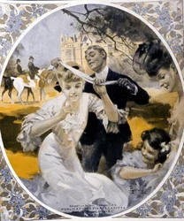 Jogos de jardim: preparação de um jogo de malha de pescada, início do século. Ilustração de Rene Lelong (1871-1933)
