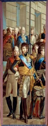Entrevista de Napoleão I e Rainha Luísa da Prússia em Tilsit (Tilsitt), 6/07/1807 Tapeçaria feita pela oficina dos Gobelins após um detalhe da pintura de René Theodore Berthon (1776-1859) Sol. 3,28x1,28 m Malmaison musee du chateau