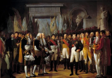Napoleão I (1769-1821) recebe os depoimentos do Senado Conservador no Palácio Real de Berlim 19/11/1806 Pintura de René Berthon (1776-1859) 1806 Sol. 3,93x5,02 m - Napoleão (1769-1821) recebe os deputados do Senado Conservador no Palácio Real de Berlim (17