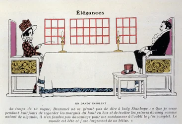 Uma representação de Beau Brummell (George Bryan Brummell) (1778-1840) em frente a Lady Stanhope, deu à luz a expressão "dandy" e desempenhou um papel importante na moda dos homens (litografia)
