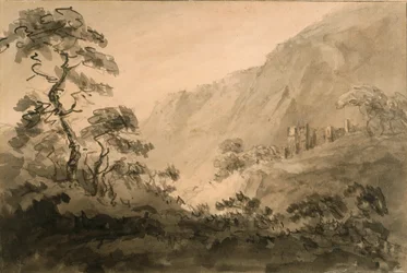 Mountainous Landscape With Ruin (caneta, tinta e tinta lavada sobre lápis em papel preparado com uma lavagem sépia)