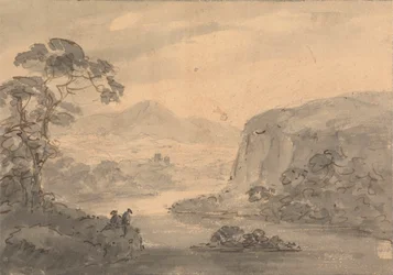 Paisagem montanhosa com duas figuras com vista para um lago