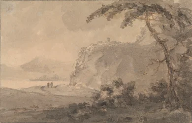 Duas figuras numa estrada junto a um lago