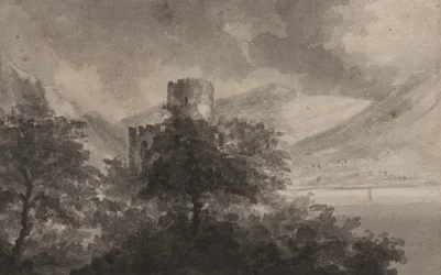 Castelo de Lakeland arborizado: capriccio, 1804 (pincel e monocromático lava no papel)
