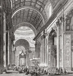 Uma procissão no interior da Basílica de São Pedro, Cidade do Vaticano, Roma, Itália, no final do século XIX. De Italian Pictures do Rev. Samuel Manning, publicado por volta de 1890.