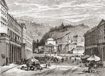 Uma rua em Turim, Itália, no final do século XIX. De Italian Pictures do Rev. Samuel Manning, publicado por volta de 1890.