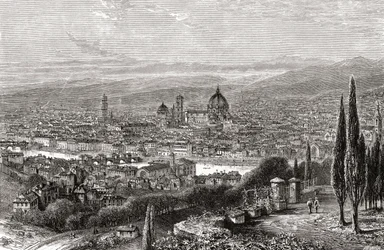 Vista de Florença, Toscana, Itália, a partir do terraço de San Miniato, no final do século XIX. De Italian Pictures do Rev. Samuel Manning, publicado por volta de 1890.