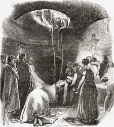 Um enterro cristão primitivo nas Catacumbas de Roma, Itália. De Italian Pictures do Rev. Samuel Manning, publicado em 1890.