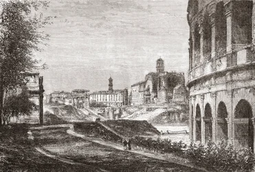 Aproximação ao Fórum a partir da Colina de Cellian, Roma, Itália, no final do século XIX. De Italian Pictures by Rev. Samuel Manning, publicado em 1890.