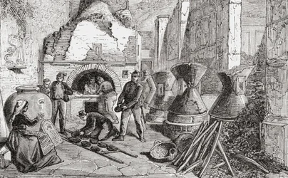 Forno de padeiro, moinhos de pão e de farinha descobertos nas escavações em Pompeia, Nápoles, Itália, no final do século XIX. De Italian Pictures do Rev. Samuel Manning, publicado por volta de 1890.