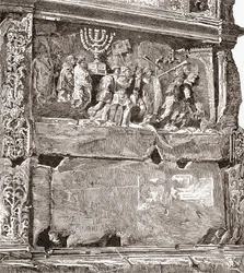 Baixo-relevo do painel sul "Os Despojos de Guerra", mostrando o cortejo triunfal, no Arco de Tito, Via Sacra, Fórum Romano, Roma, Itália. De Italian Pictures by Rev. Samuel Manning, publicado em c.1890.