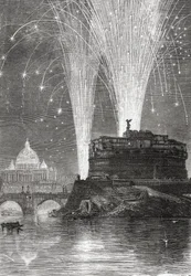 Iluminação da Basílica de São Pedro e fogo de artifício sobre o Castelo de Santo Ângelo, Roma, Itália, no final do século XIX. De Imagens Italianas, do reverendo Samuel Manning, publicado cerca de 1890.