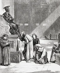 Pessoas a beijar os pés da estátua de São Pedro no interior da Basílica de São Pedro, Cidade do Vaticano, Roma, no final do século XIX. De Italian Pictures do Rev. Samuel Manning, publicado por volta de 1890.