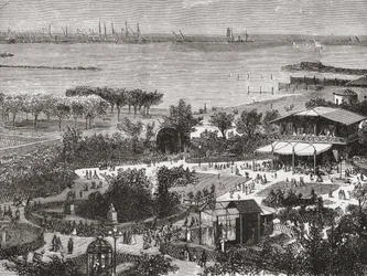 Jardins públicos e estrada de Livorno, também conhecida como Leghorn, Toscana, Itália, no final do século XIX. De Italian Pictures do Rev. Samuel Manning, publicado por volta de 1890.