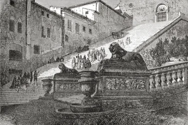 Escadaria que conduz à Basílica de Santa Maria do Altar do Céu, Roma, Itália, no final do século XIX. De Italian Pictures do Rev. Samuel Manning, publicado em 1890.