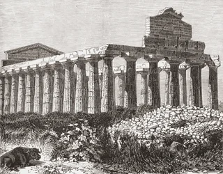 Templo em Paestum, Itália, no final do século XIX. De Italian Pictures do Rev. Samuel Manning, publicado por volta de 1890.