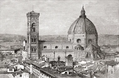 O Duomo e o Campanário da Basílica de Santa Maria del Fiore, Piazza del Duomo, Florença, Itália, no final do século XIX. De Italian Pictures by Rev. Samuel Manning, publicado por volta de 1890.