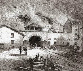 O túnel ferroviário de Fréjus, também chamado túnel do Monte Cenis, nos Alpes europeus, visto do lado italiano no final do século XIX. De Italian Pictures do Rev. Samuel Manning, publicado por volta de 1890.