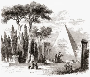 O Cemitério Protestante e a Pirâmide de Céstio, Roma, Itália, no final do século XIX. De Italian Pictures by Rev. Samuel Manning, publicado em 1890.