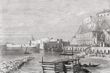 O cais de Santa Lucia, Nápoles, Itália, no final do século XIX. De Italian Pictures do Rev. Samuel Manning, publicado em 1890.