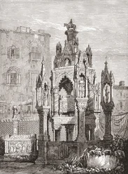 Os túmulos de Scaliger, Verona, Itália, no final do século XIX. De Italian Pictures do Rev. Samuel Manning, publicado em 1890.