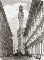 Os Uffizi, o Palazzo Vecchio e as estátuas na Piazza della Signoria, Florença, Itália, no final do século XIX. De Italian Pictures do Rev. Samuel Manning, publicado por volta de 1890.
