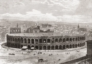 A Arena de Verona, Piazza Bra, Verona, Itália, no final do século XIX. De Italian Pictures do Rev. Samuel Manning, publicado por volta de 1890.