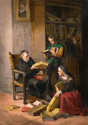 O padre Pero Pérez e o barbeiro Nicolás inspeccionam os livros da biblioteca de Dom Quixote