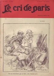 Ilustração de Ricardo Flores (1878-1918) para a capa do Le Cri de Paris, 20/02/16 - La-bas "Eles não gritariam tão alto se estivessem aqui". - Guerra dos 14 -18, Imprensa/Mídia, Vida do Soldado, Trincheiras, Vida Diária, Fumar, Geléia, Espingardas - Soldad