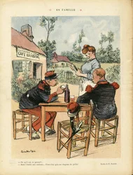 Ilustração de Ricardo Flores (1878-1918) em Le Lire, 08/08/08 - Família - Armee, Restaurantes Cafés, Vinhos, Álcool Alcoólico - Garçon Café, Garçonetes, Soldados