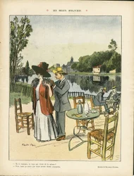 Ilustração de Ricardo Flores (1878-1918) em Le Rire, 04/07/08 - Belos Domingos - Lazer, Vegetação Natural, Urbanismo Arquitetônico, Cafés Restaurantes, Marinha de Mar