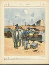 Ilustração de Ricardo Flores (1878-1918) em Le Rire, 05/10/12 - Chez le coiffeur - Paris, Metiers, Architecture Urbanisme, Pont, Riviere Fleuve - Cão, Cabeleireiro