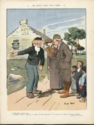 Ilustração de Ricardo Flores (1878-1918) em Le Rire, 20/07/12 - O buraquinho barato - Campo, Moda, Marinha marítima, Moda masculina, Turismo Turístico, Hotel
