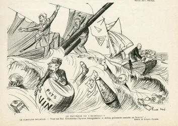 Ilustração de Ricardo Flores (1878-1918) em Le Rire, 25/05/12 - O naufrágio do radicalismo - Radicalismo, Marinha de Guerra, Fumaça, Iates, Tabaco - Combes Emile (1835-1921), Andre Louis (1838-1913), Pelletan Camille (1846-1915) - Parode-gráfico
