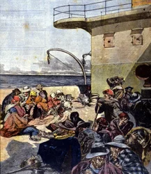 Emigração italiana para o Canadá; a viagem a bordo do Lago Megantic foi feita em condições bastante difíceis. Ill. por R. Pellegrini. La Domenica del corriere. 02/06/1901.