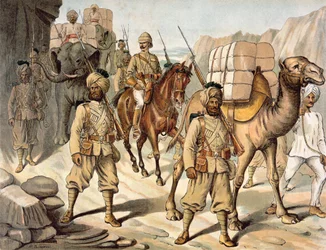Escolta da 20ª Infantaria Nativa de Bengala (Punjab), Kit de Serviço de Campo, Exército Anglo-Indiano da década de 1880 (cor litho)