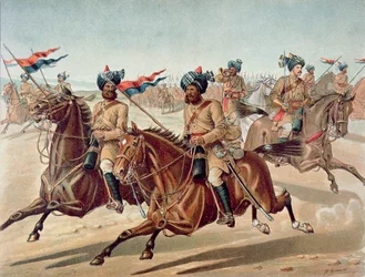 Escoteiros do 10º Lanceiros de Bengala (Kit de Serviço de Campo), o Exército Anglo-Indiano da década de 1880 (cor litho)