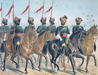 Os 2ND Bombay Lancers, ordem de revisão, Exército Anglo-Indiano da década de 1880 (cor litho)