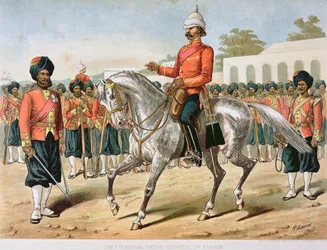 A 7ª Infantaria de Bengala em Parada, o Exército Anglo-Indiano da década de 1880 (cor litho)