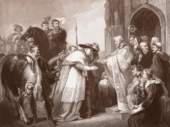 Cardeal Wolsey na Abadia de Leicester, gravada por R. Walther (litho)