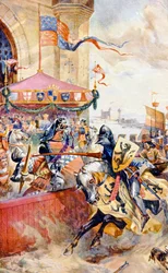Um torneio na Tower Bridge, ilustração de «História da Nação Britânica de Hutchinson»