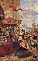 Joust solene na ponte de Londres entre David de Lyndsays e Lord John de Welles em 1390, ilustração de &39;Romance e lenda de cavalaria&39; por AR Esperança Moncrieff