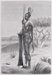 Uma pessoa negra Shuli tatuada com as suas armas, de «A História da Humanidade», vol. III, pelo Prof. Friedrich Ratzel, 1898