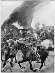 Tropas coloniais britânicas queimando uma fazenda de um rebelde bôer. Segundo pintura de R. Caton Woodville. 2ª Guerra dos Bôeres 1899-1902.