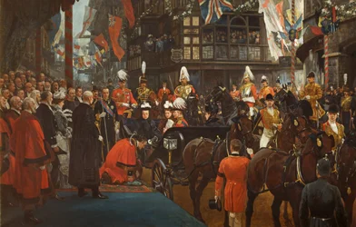 Rainha Vitória Knighting Herbert Ashman, Esq., Primeiro Lorde Prefeito de Bristol, na Casa do Conselho, 12 de novembro